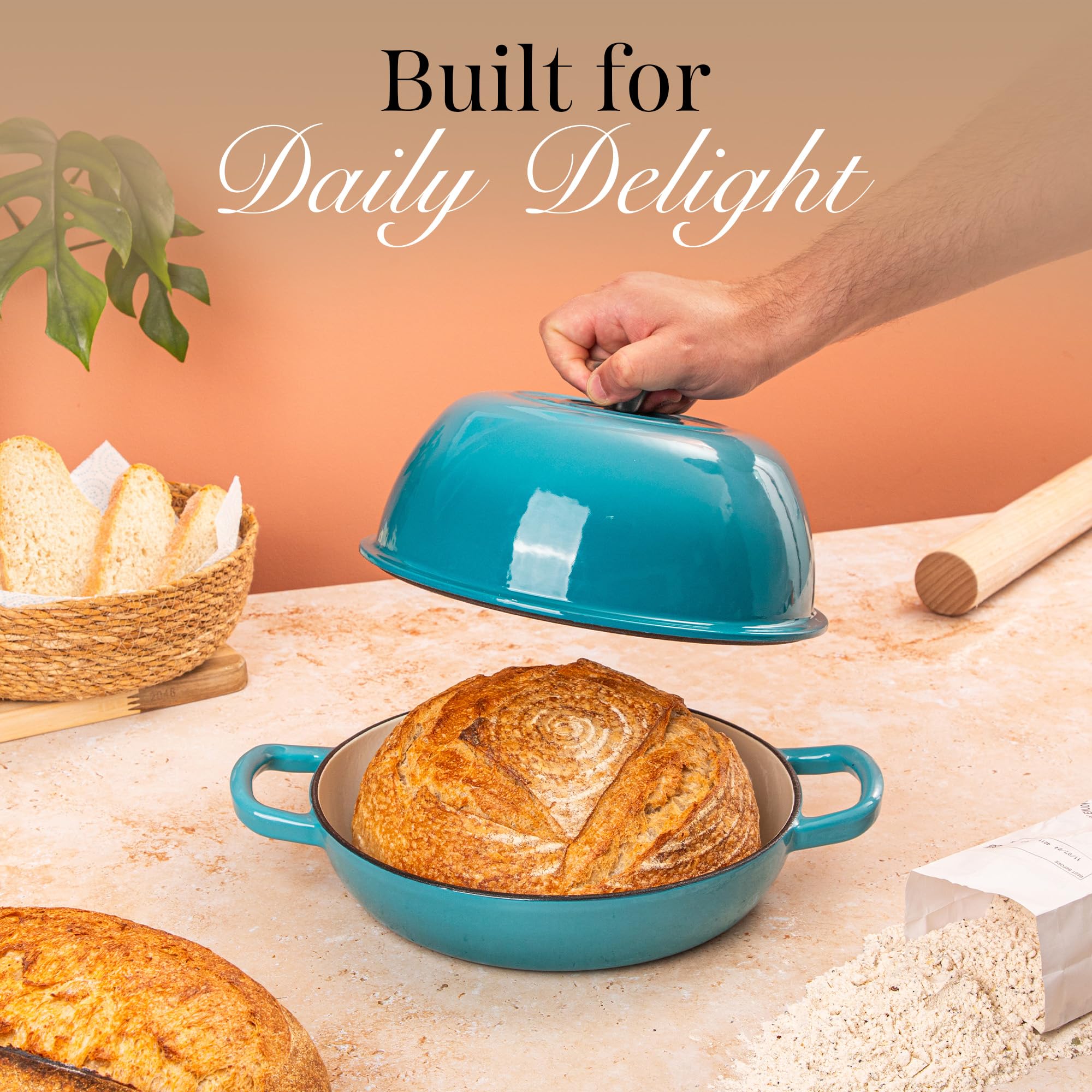 Casseruola in Ghisa Smaltata con Coperchio – Forno Olandese per Pane e Lievitati – Pentola in Ghisa per Cottura del Pane – Blu Chiaro, 5.68 Litri, 22cm – by Nuovva