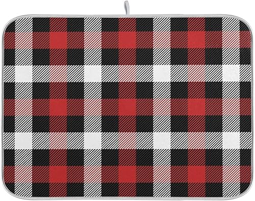 Tapete de secado de platos a cuadros escoceses de búfalo de Navidad, tapete de secado de platos mediano para encimera de cocina, tapete absorbente