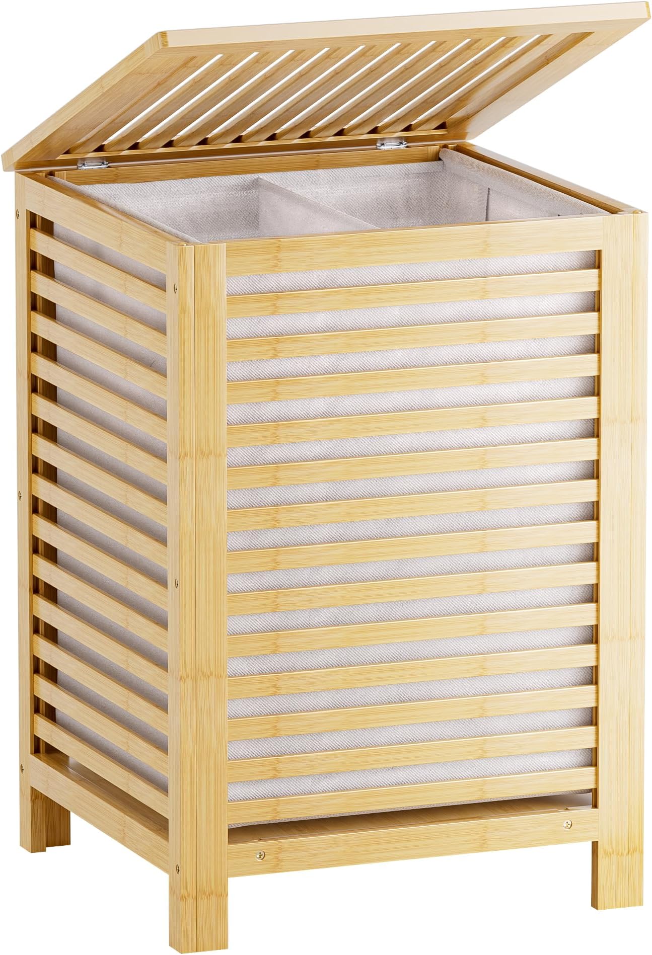 Wasmand walnotenhout met waszak en deksel HIER kopen