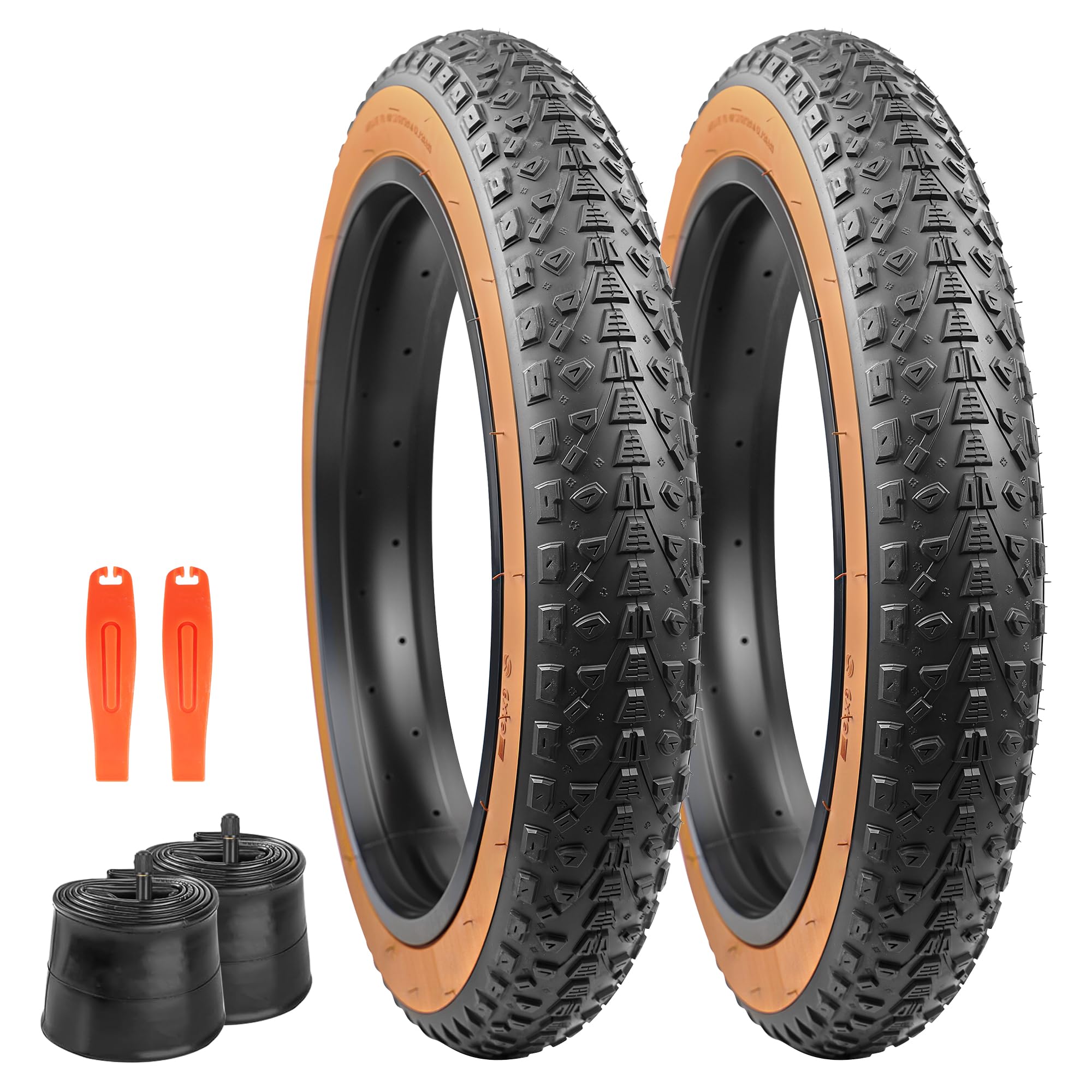 GRELiving 20x3.0 Fat Bike Tyre -76-406 Wide Tires for MTB, Electric-Bicycle, Beach Cruiser- Superior Comfort & Traction (Brown Wall-2xTyres+2xTubes+2xLevers, 20x3.0 Inches)