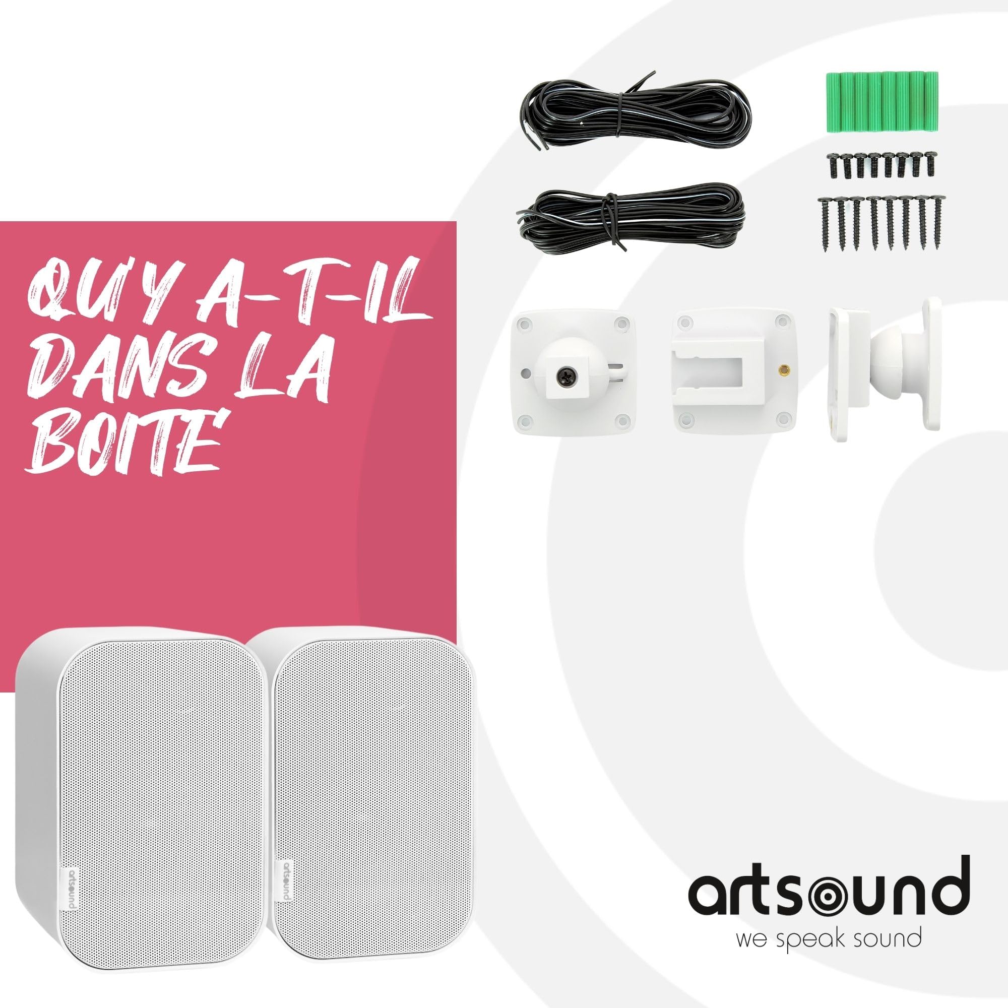Artsound UNI30, Ensemble de 2 Enceintes passives, Enceinte HiFi 2 Voies, 20-60 Watts, Support Mural avec Articulation à rotule, Convient pour des espaces jusqu'à 40 m² tels Que Cuisine, café,