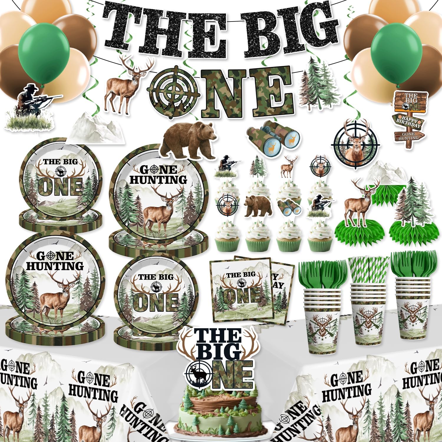 193pcs The Big One Hunting Birthday Party Decorations for Boys, The Big One Deer Party Decorations with Tableware Set Banner Hanging Tablecloth Balloon Cupcake Topper Centerpiece, Serves 25