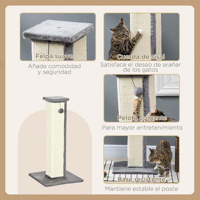 Foto 4 de 8 de PawHut Poste Rascador para Gatos 81 cm Poste de Sisal 41x41x81 cm Gris