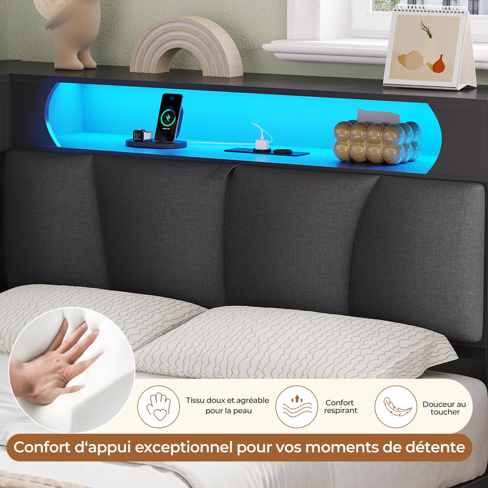 DICTAC Lit 90x190 en L – Banquette-Lit 1 Place avec Tête de Lit Capitonnée (Rangement Secret + Table de Nuit Intégrée), LED RGB & Recharge | Idéal pour Studio & Chambre (Noir)