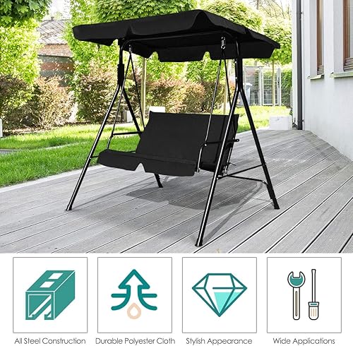 Miniatura 5 de Tangkula Columpio de porche para 2 personas, columpio al aire libre con cojines extraíbles, estructura de acero sólido, columpio de patio con toldo