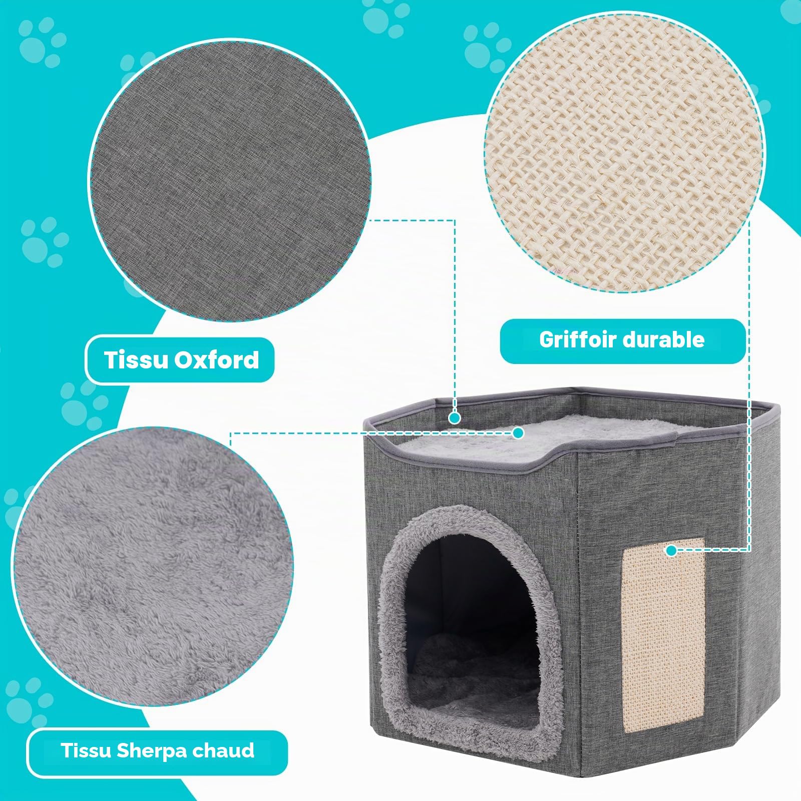 Maison pliable d'intérieur pour grands chats, grande niche pour chat avec griffoir, 2 couches, niche pour animaux de compagnie de petite et moyenne taille, grise