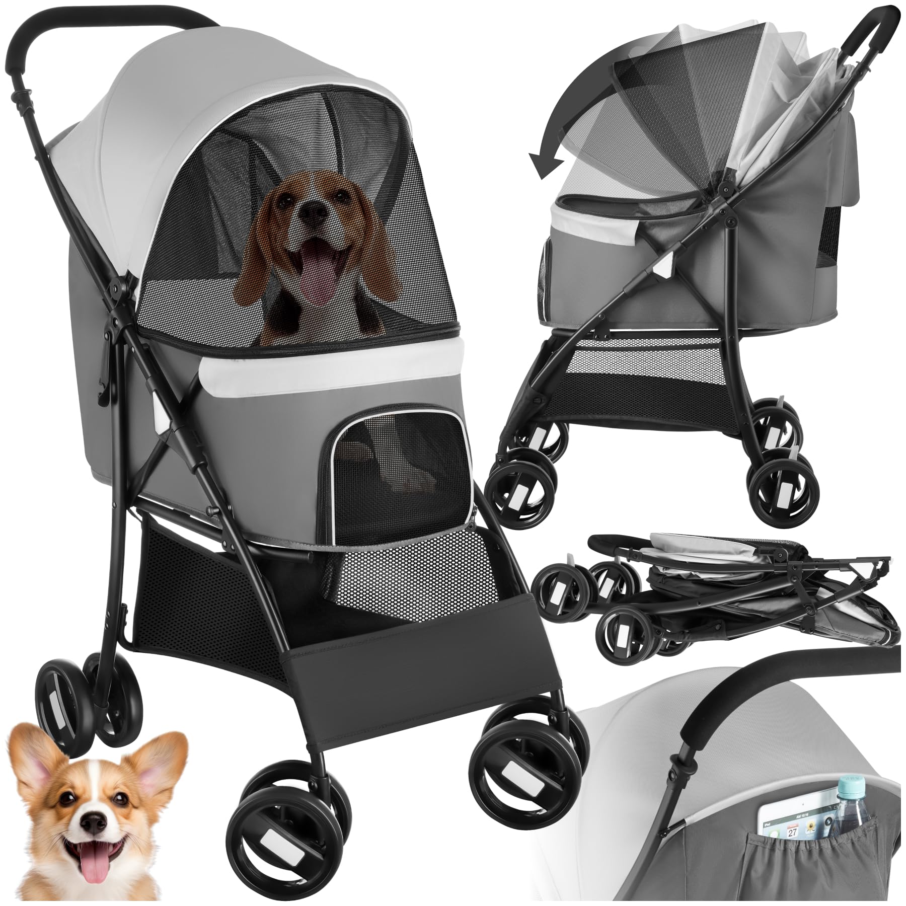 tectake® Carrito para Mascotas, Plegable, con Suspensión y 2 Arneses Ajustables, Ruedas Dobles Giratorias y con Freno, Tejido Oxford Resistente al Agua, Transporte Seguro para Perros, Gatos y Mascotas