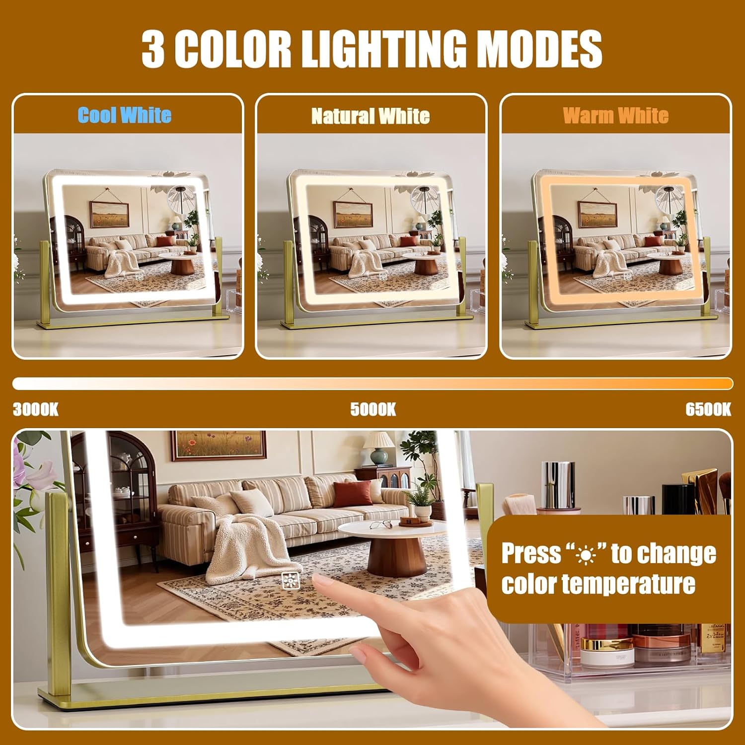 Vanity Mirror with Lights, 16"×12.4" LED Makeup Mirror, Rounded Frame, 10X Magnification, Smart Touch with 3-Color Lighting, Dimmable, 360° Rotation, Lighted Up for Makeup Desk, Bedroom (Gold)