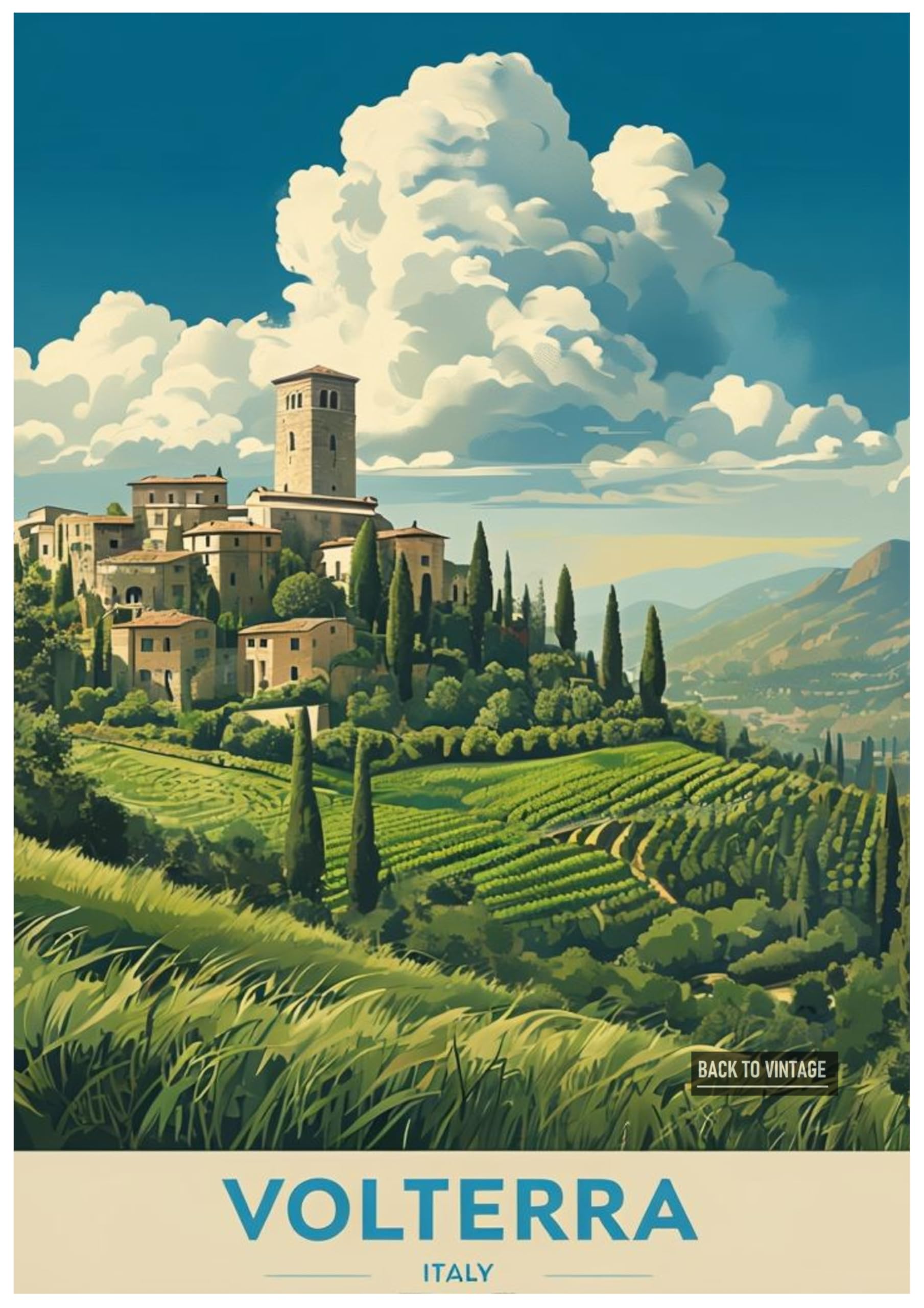 Vintage Travel Poster Depicting Scenic Volterra Italy Landscape - Retro Europe Travel Poster A4 Size Vintage Wall Art Print of Famous European Destinations Ideal for Home or Office Decor