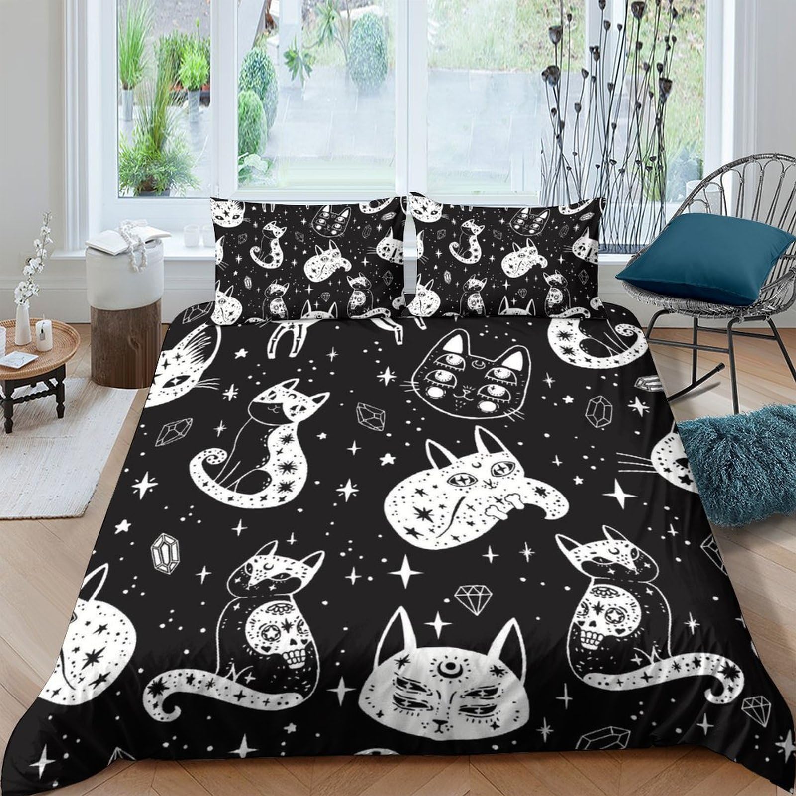 Ctjqhvkz Style-5 3D Printed Mystic Cat Fitted Sheet Microfiber Soft Black Moon Bed Cover For Bedroom Guest Room Protection Decor Single（135X200cm）