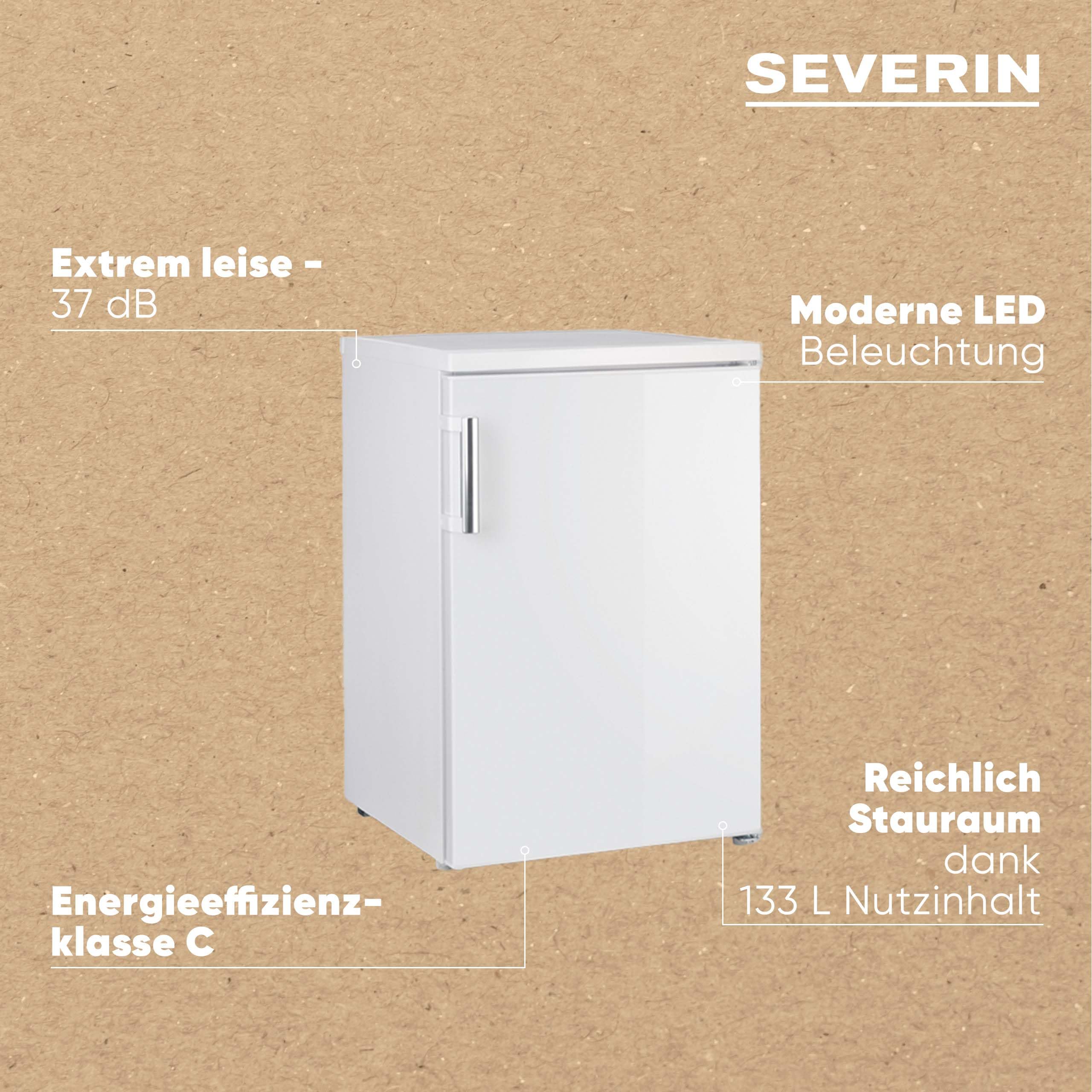 SEVERIN Tischvollraumkühlschrank mit 133 L Nutzinhalt, Vollraumkühlschrank freistehend, mit LED-Innenraum-Beleuchtung, nur 37 dB, weiß, VKS 8843 [EEK C]
