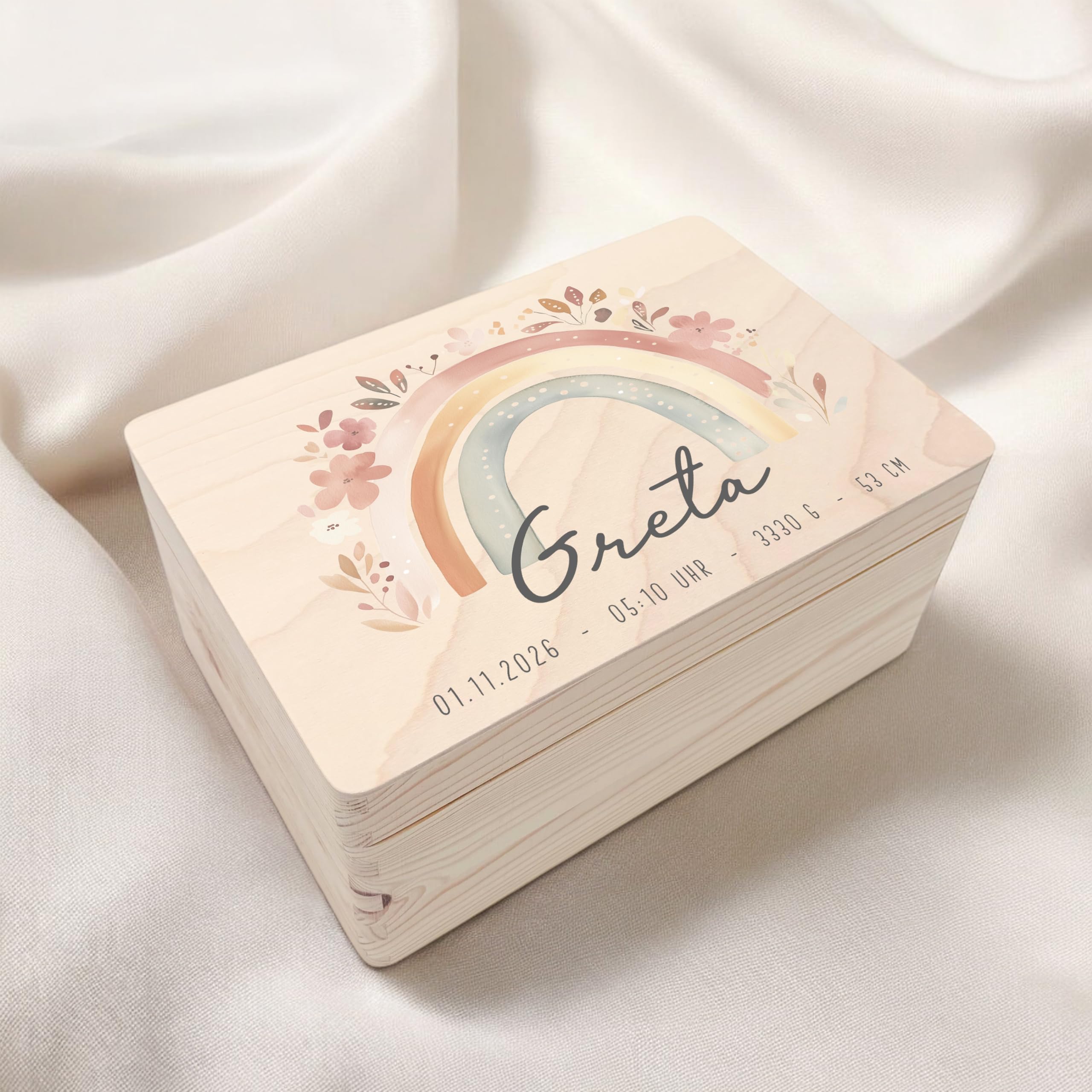 DEL MÀ Unique & Personal Erinnerungskiste Baby Mädchen personalisierte Holzkiste Erinnerungsbox Regenbogen Geschenk zur Geburt Geburtsgeschenk Holzbox 30x20x13 cm
