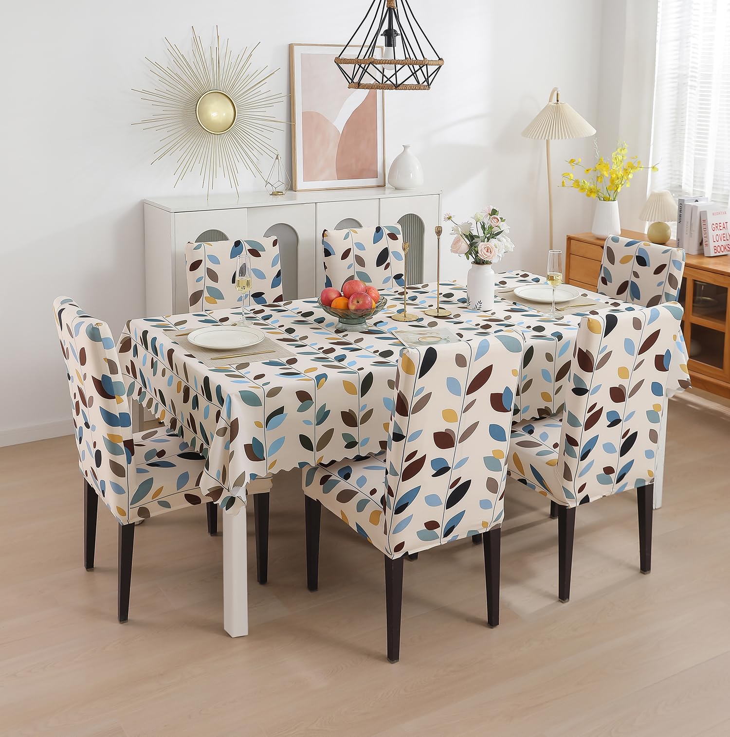 House of Quirk Polyvinyl Chloride (Pvc) Rectangular Dining Chair Cover With Table Covers For Kitchen Waterproof Dining Table Cloth (White Leaf, 1 Table Cover + 6 Chair Cover)