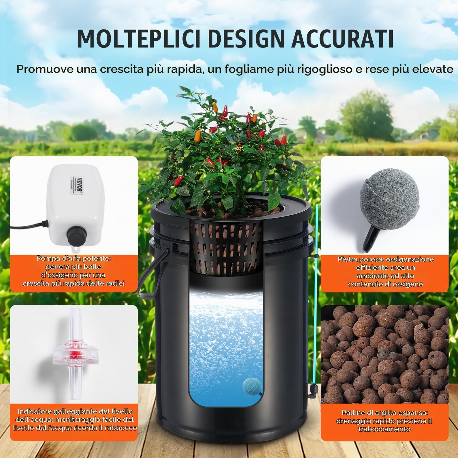 VEVOR Sistema di Coltivazione Idroponica DWC Kit Coltura in Acqua Profonda da 20 Litri, 1 Secchio, Pompa ad Aria, Pietre porose, Dispositivo di Livello dell'Acqua, per Verdure a Foglia, Fiori