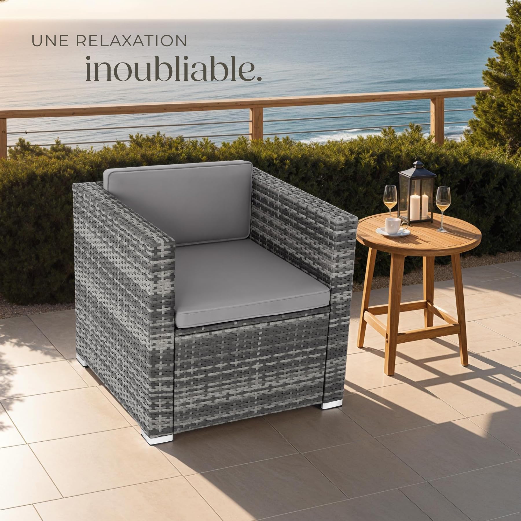 tectake® Fauteuil avec Accoudoirs pour Salon de Jardin Exterieur en Poly Rotin Salon de Jardin modulable Fauteuil Salon, Mobilier pour Amenagement Balcon Terrasse Veranda
