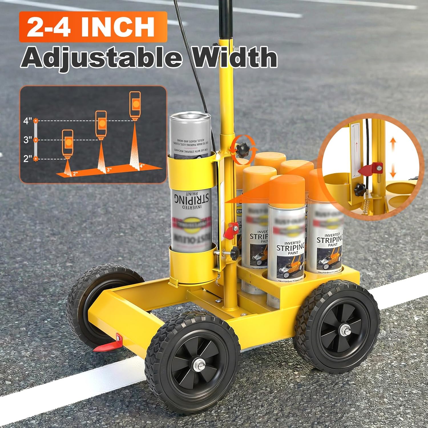Parking Lot Striping Machine, 2-4 inch Adjustable Stripe Width, Striping Line Marking Machine Compatible with Professional Inverted Striping Spray Paint, Designed for Fast Accurate Marking