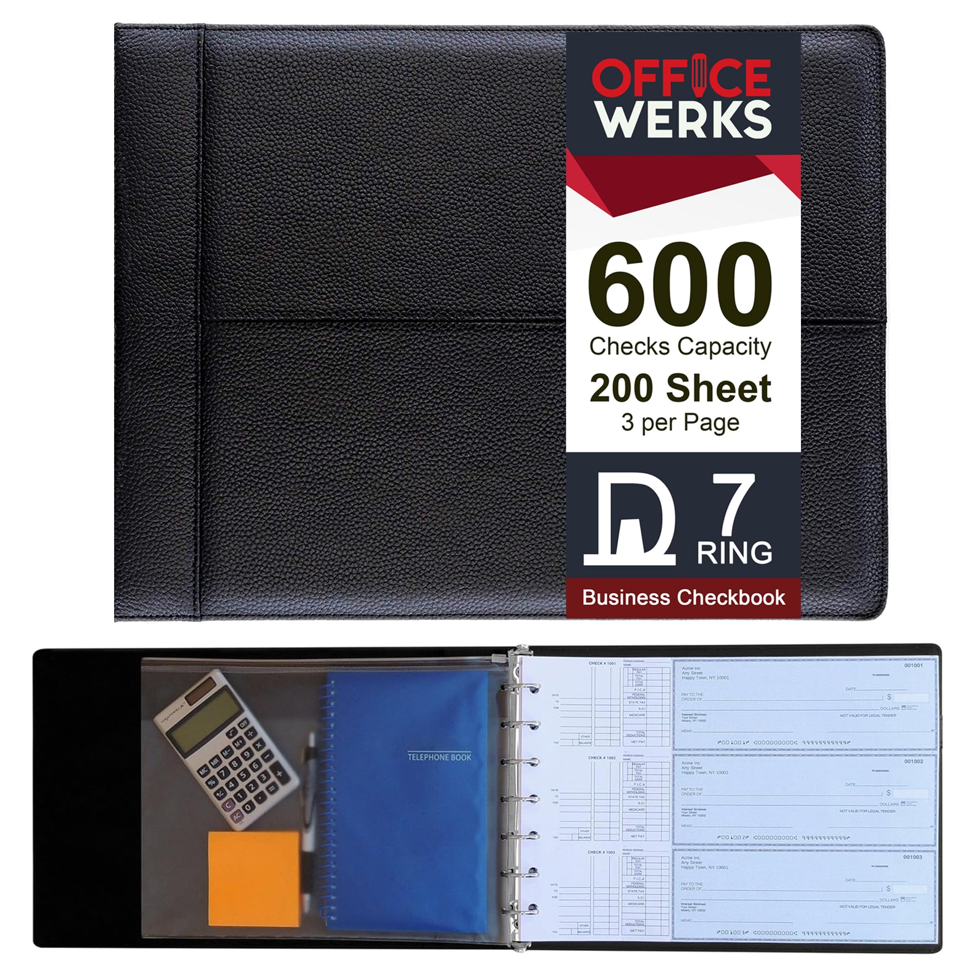 Premium Executive Check Binder, Black Padded Leather Look and Feel, 7 Ring w/Zip Pouch Checkbook Portfolio, For 9x13 Inch Sheets, 200 sheet 3 per Page Capacity for 600 checks, by Officewerks