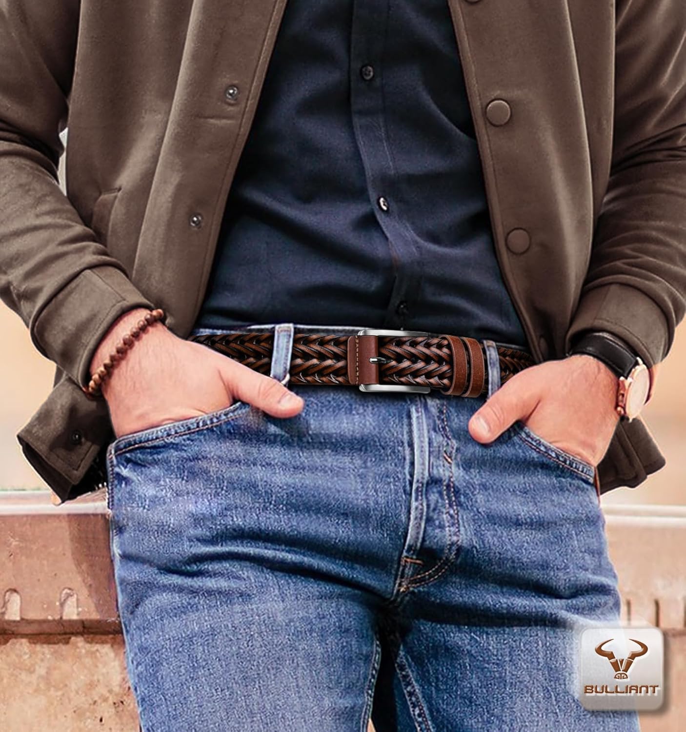 BULLIANT Men Belt, Braided Leather Belt Adjustable For Men Casual Jeans Golf 1 3/8" - Image 6