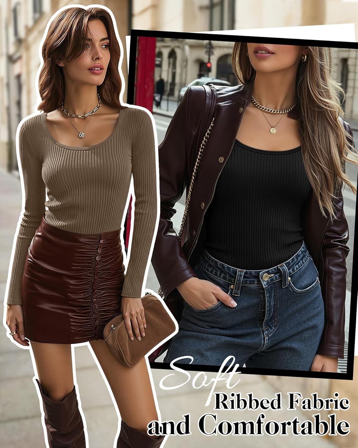 Ficerd 3 Pack Women's Ribbed Long Sleeve Tops Scoop Neck Slim Fit Shirts Cotton Casual Fall Going Out Basic Tee - Image 5