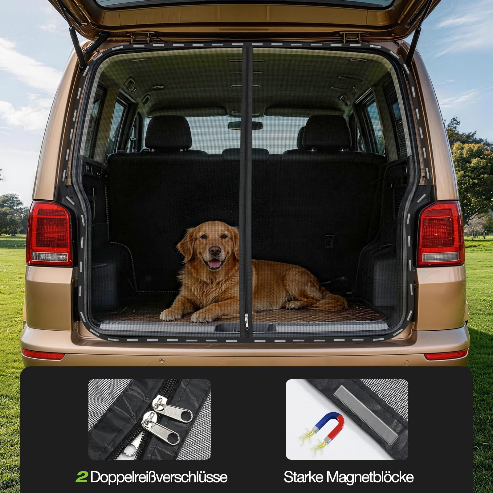 Moskitonetz Auto Hintertür Kompatibel für VW T5 T6,Auto-Fliegengitter mit Insektenschutz und Sonnenschutz, Auto Insektennetz Kofferraum Schattennetz Camping Belüftung Moskitonetze Reise (Rear)