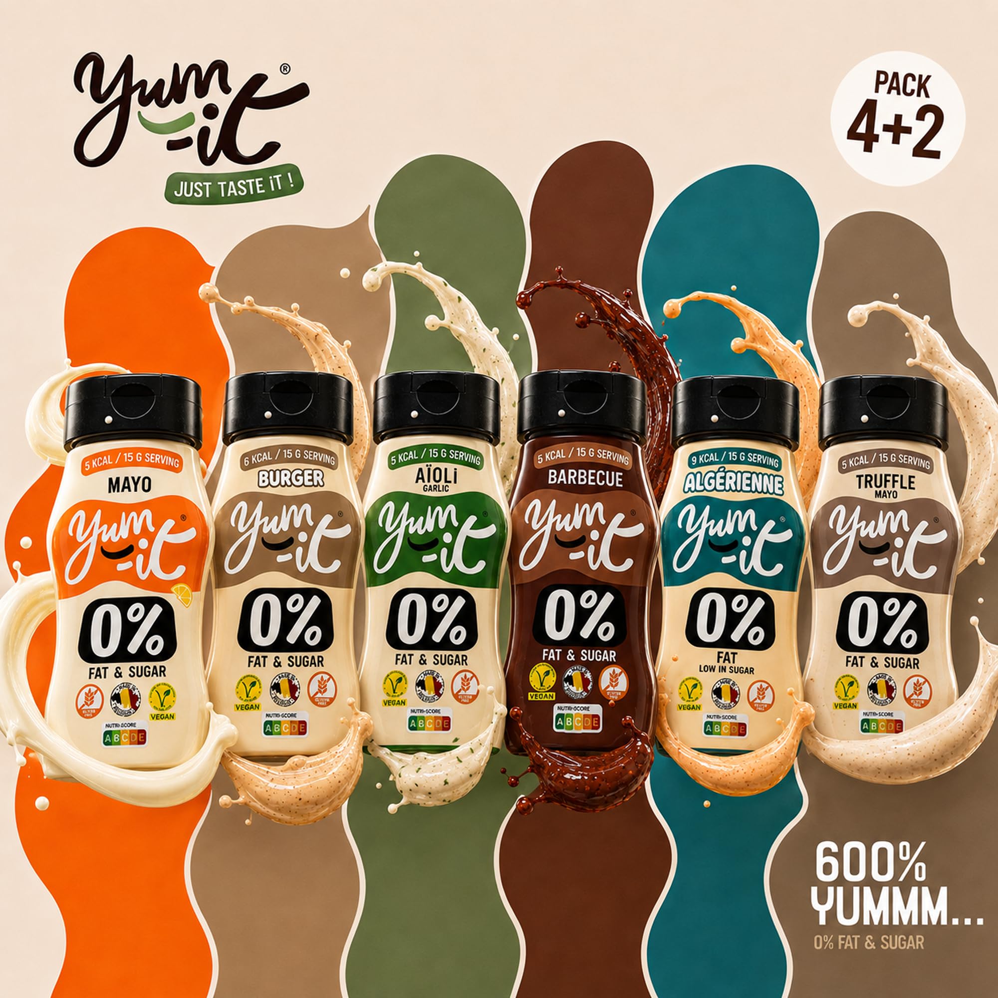 Yum it, lot de 6 sauces: Mayo, Burger, Aïoli, Barbecue, Algérienne et Mayo Truffe, 6 x 300g, 0% de matières grasses, 0g de Sucre, cétogène, végétaliennes, sans gluten, halal et fabriquées en Belgique