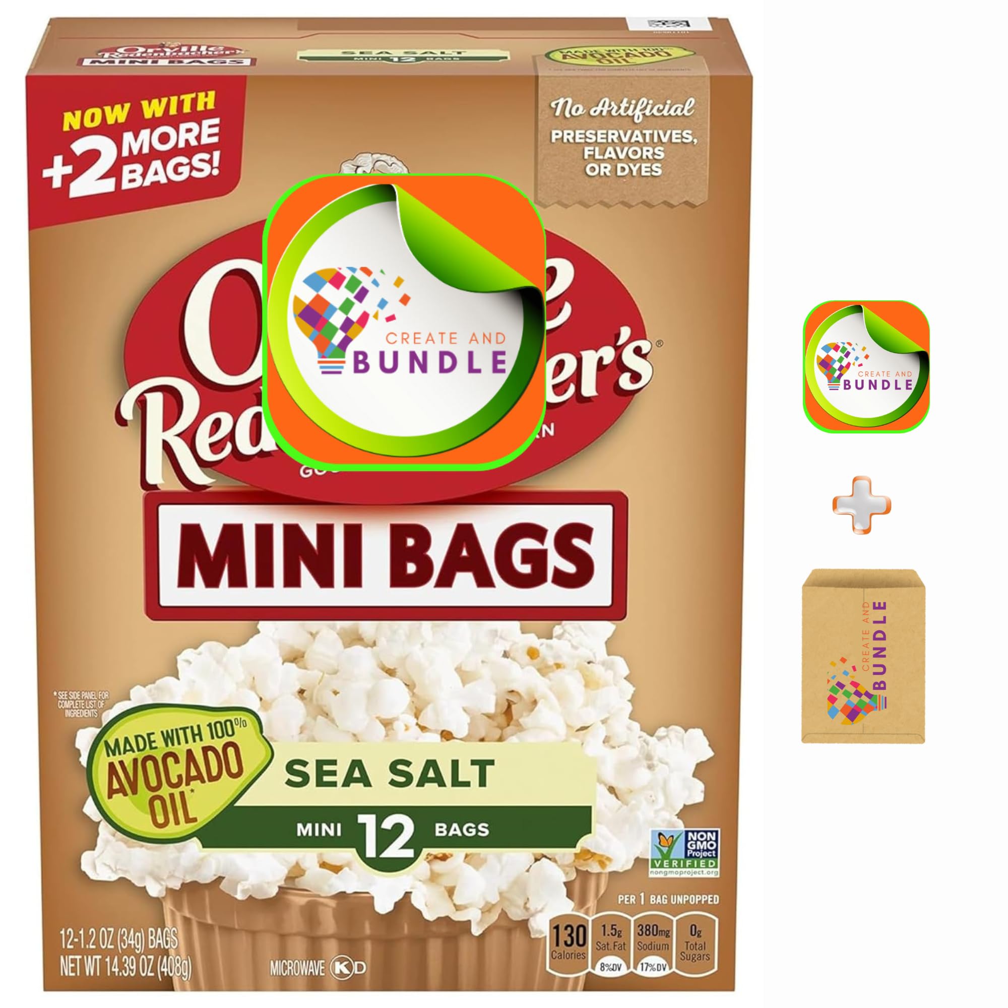 Avocado Oil & Sea Salt Microwave Popcorn - Gourmet Snack Pack of 12 Mini Bags (1.2 oz Each)