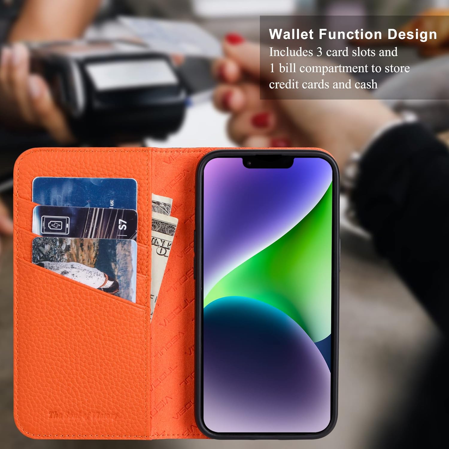 VISOUL Genuine Leather Wallet Case for iPhone 14, Pebbled Leather Magnetic Flip Folio Cover with Card Holder Kickstand Compatibe with iPhone 14 (6.1 inch)-Black+Orange