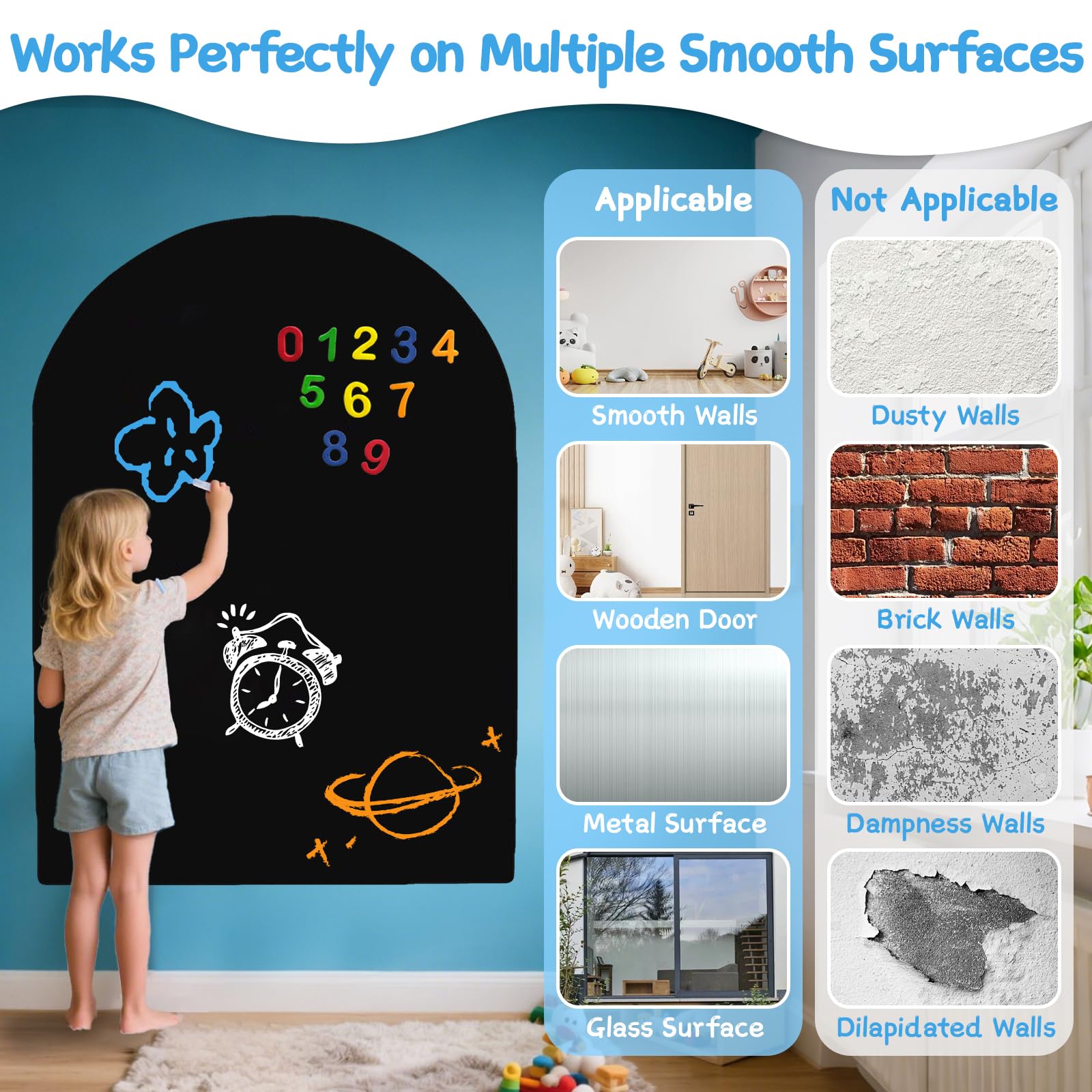 Tableau Magnétique Mural, 80x100cm Tableau Noir Adhésif Enfant Sticker Mural Magnétique Arche Film Tableau Ardoise Autocollant Effaçable Tableau Dessin Mur pour Chambre Salle de Classe avec Craies