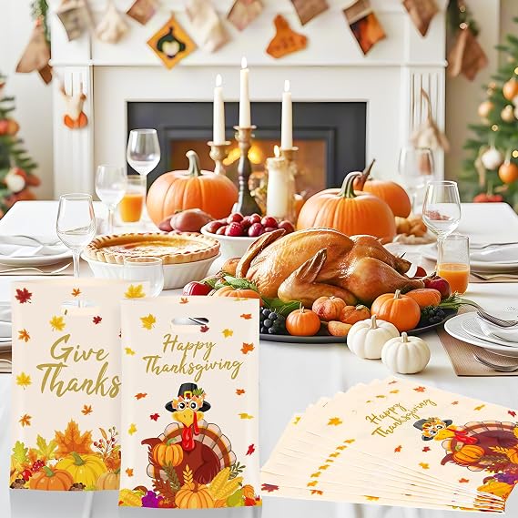 40 Pcs Thanksgiving Gift Bags - Happy Thanks giving Goodie Bags, Plastic Fall Maple Leaves Pumpkin Give Thanks Turkey Treat Candy Favor Tote Bags with Handles for Autumn Thanksgiving Party Favors Bulk