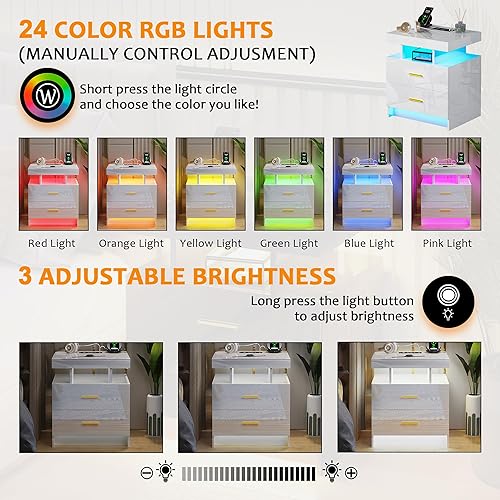 Miniatura 6 de Mesita de noche LED con estación de carga, moderna mesita de noche blanca con luz de sensor corporal, mesita de noche con 2 cajones de