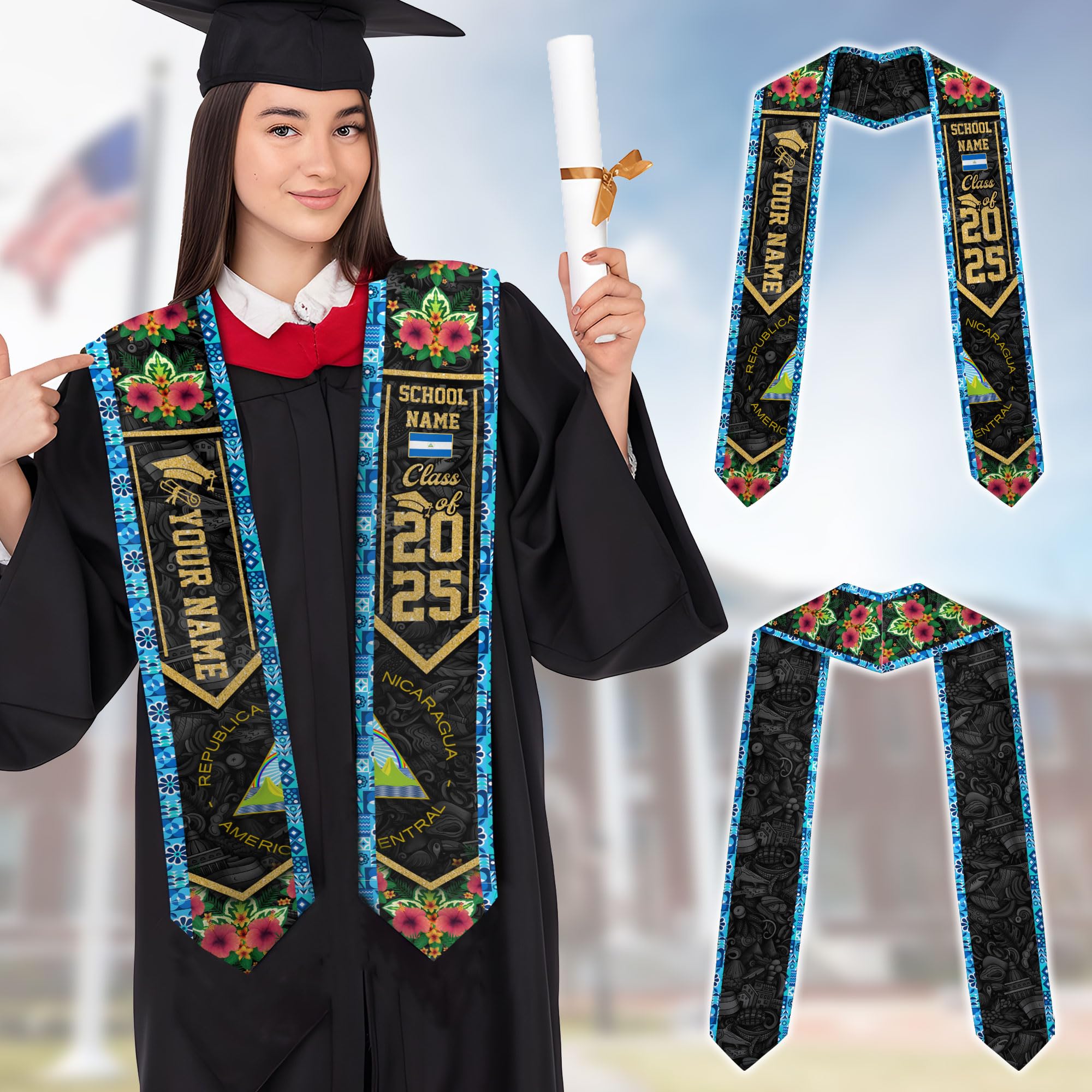 MonkeyVan Custom Nicaraguans Graduation Sash 2025, Nicaragua Graduation Stole, Nicaraguans American Flag Graduation Sash 2025 Ncrg 1