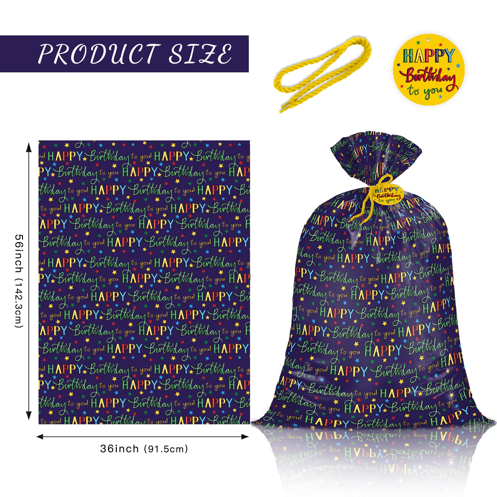 WRAPAHOLIC 56" Large Birthday Plastic Gift Bag - Colorful Happy Birthday and Stars Jumbo Bike Bag Gift Wrap for Kids Birthdays, Parties, Celebrating - 56" H x 36" W