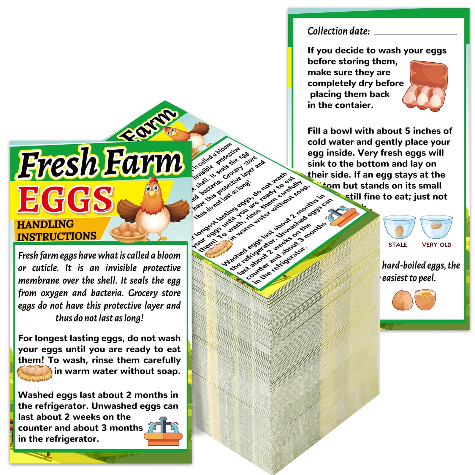 250 Pcs Fresh Farm Eggs Handling Instructions 2" x 3.5" Fresh Egg Care Card Business Cards Egg Stamps Instructions Cards for Fresh Eggs, Chicken Eggs Collection Date Care Labels for Eggs Cartons
