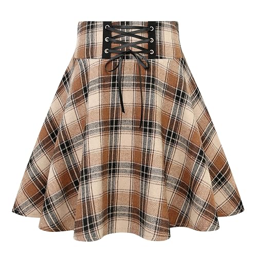 IDEALSANXUN Gothic Plaid Mini Skirts for Women Short High Waist Plaid Skirts - Large - Plaid Light Brown
