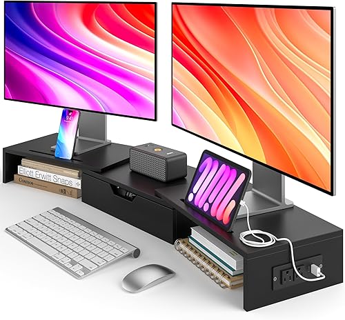 Elephance Soporte de monitor dual con puertos USB, soporte de madera para monitor de computadora con cajón, soporte elevador de monitor ajustable,