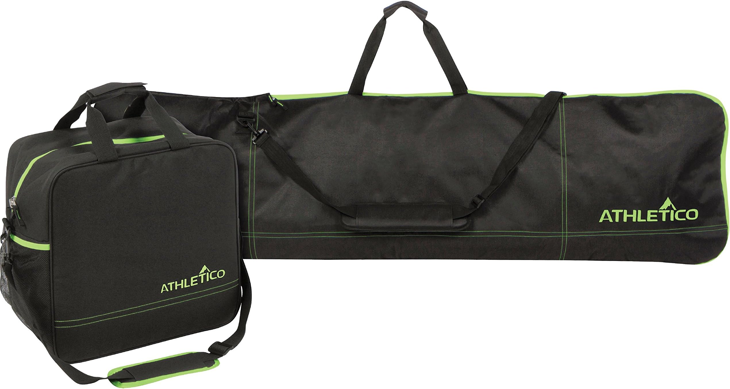 Athletico Two-Piece Snowboard and Boot Bag Combo | Store & Transport Snowboard Up to 165 cm and Boots Up to Size 13 | Includes 1 Snowboard Bag & 1 Boot Bag (Black with Green Trim)