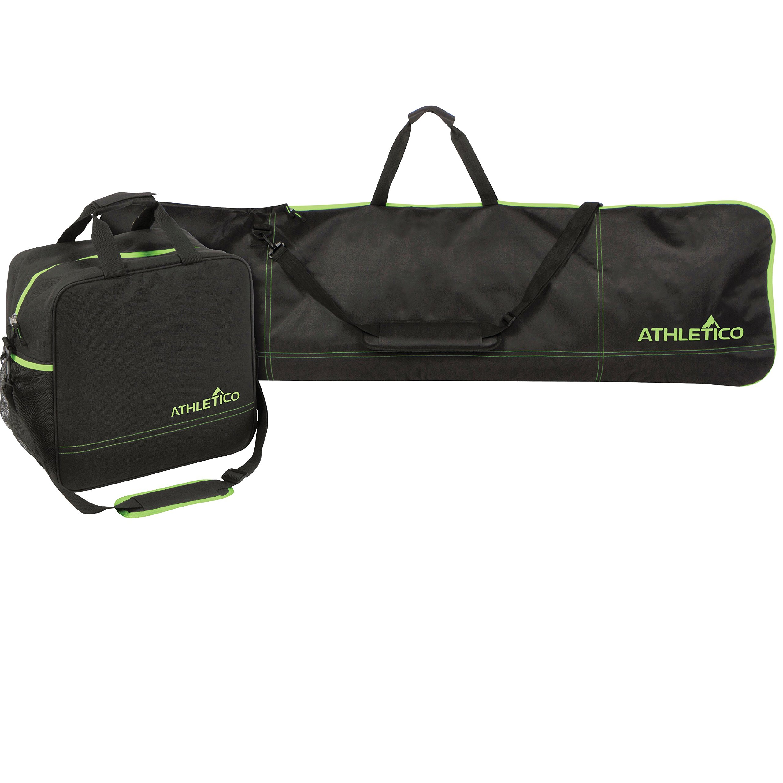 Athletico Two-Piece Snowboard and Boot Bag Combo | Store & Transport Snowboard Up to 165 cm and Boots Up to Size 13 | Includes 1 Snowboard Bag & 1 Boot Bag (Black with Green Trim)