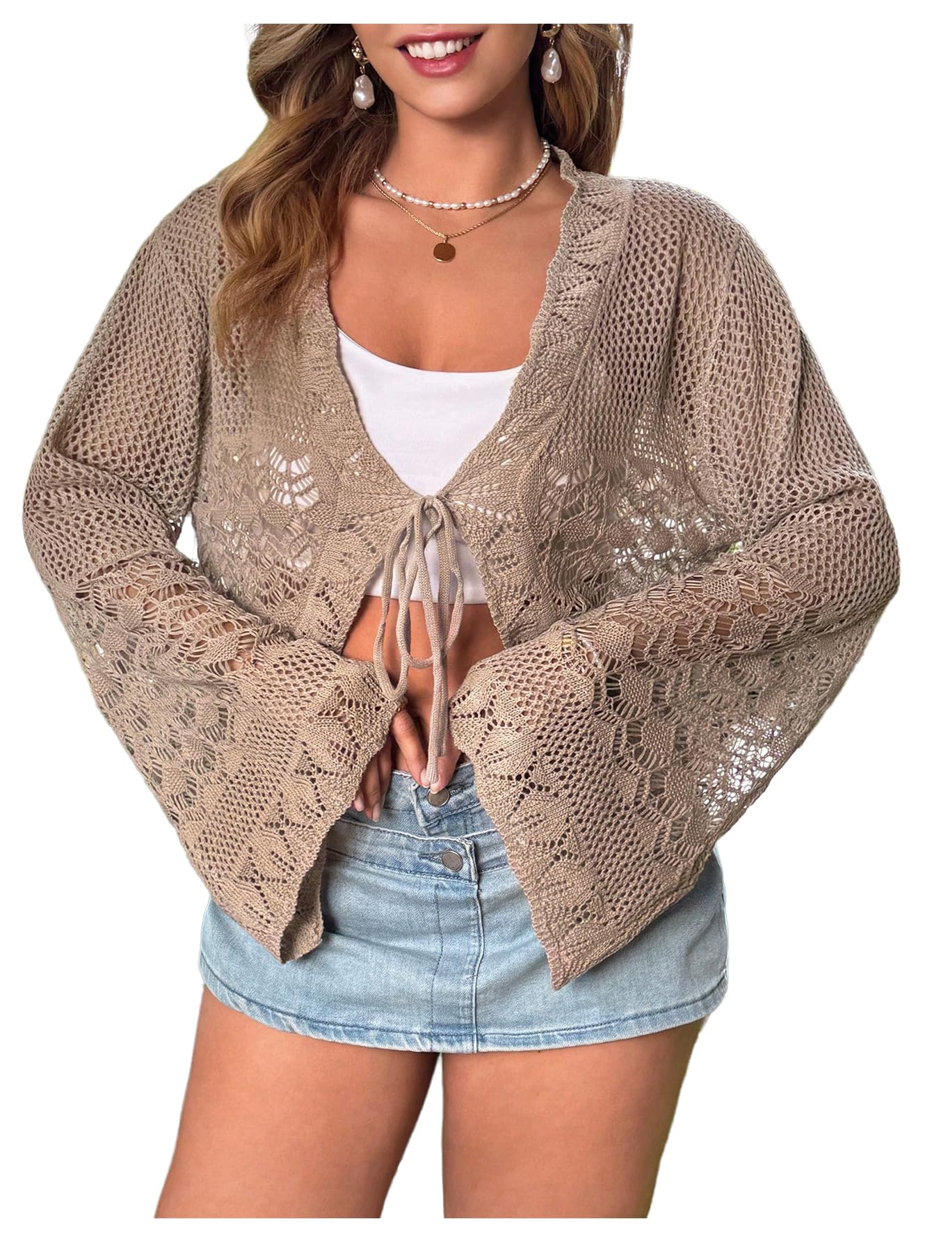 Women's Plus Size Crochet Cardigans Summer Bell Sleeve Tie Front Lightweight Cardigan Sweater Crop Cover Up Top