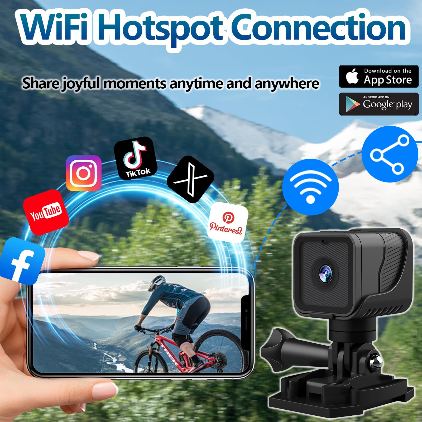 Kamera Action Cam 1080P WiFi 120°, wodoodporna, do motocykla/roweru 4h | Akumulator 4h, akumulator, Mini, Loop, przenośny, obsługa 1/4"