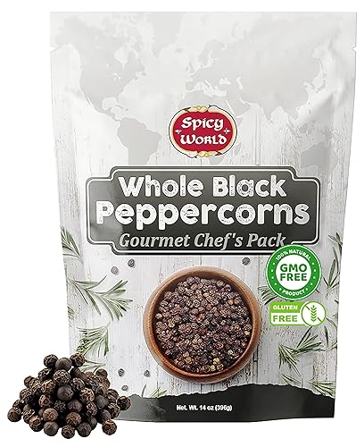 Spicy World Granos de pimienta negra enteros, 1 libra (16 onzas) - Granos de pimienta Tellicherry esterilizados al vapor sin OMG para recambio de