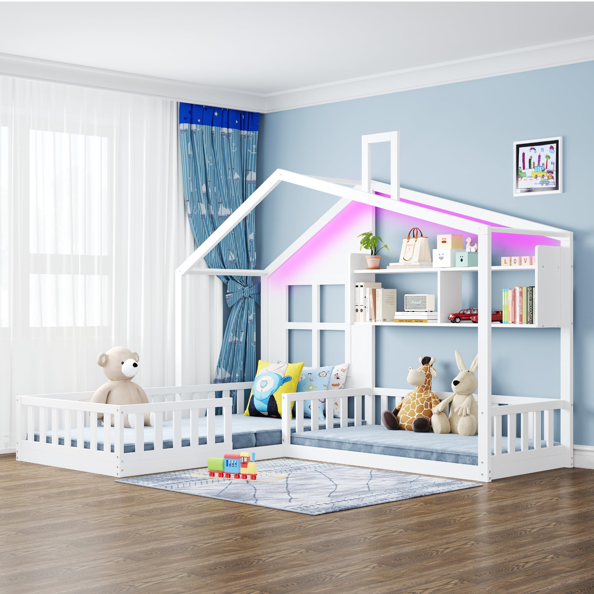 Cama de suelo para cuna, 90 x 200 cm y 140 x 70 cm, función atmosférica, barandillas de seguridad y estantes, madera + MDF, completo con somier para habitación infantil, color blanco