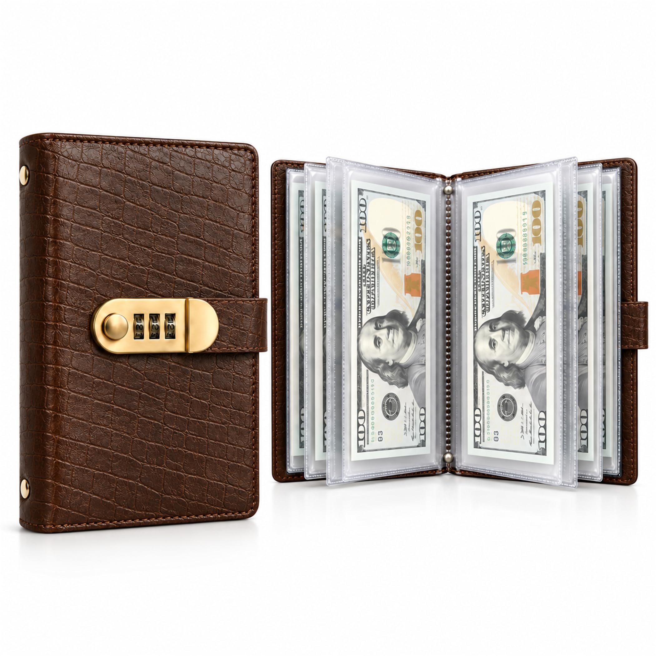 Lockable Savings Notebook, 100 Envelopes Money Saving Challenge Binder (Dark Brown)