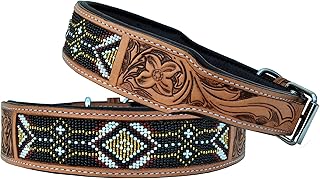 Affilare Genuine Leather Dog Collar Western Style Heavy Duty Hand Tooled Adjustable Beaded and Padded Soft for Puppies and Big Dogs 10AB001, Black Brown Gold Tan, Medium (Middle notch at 19')