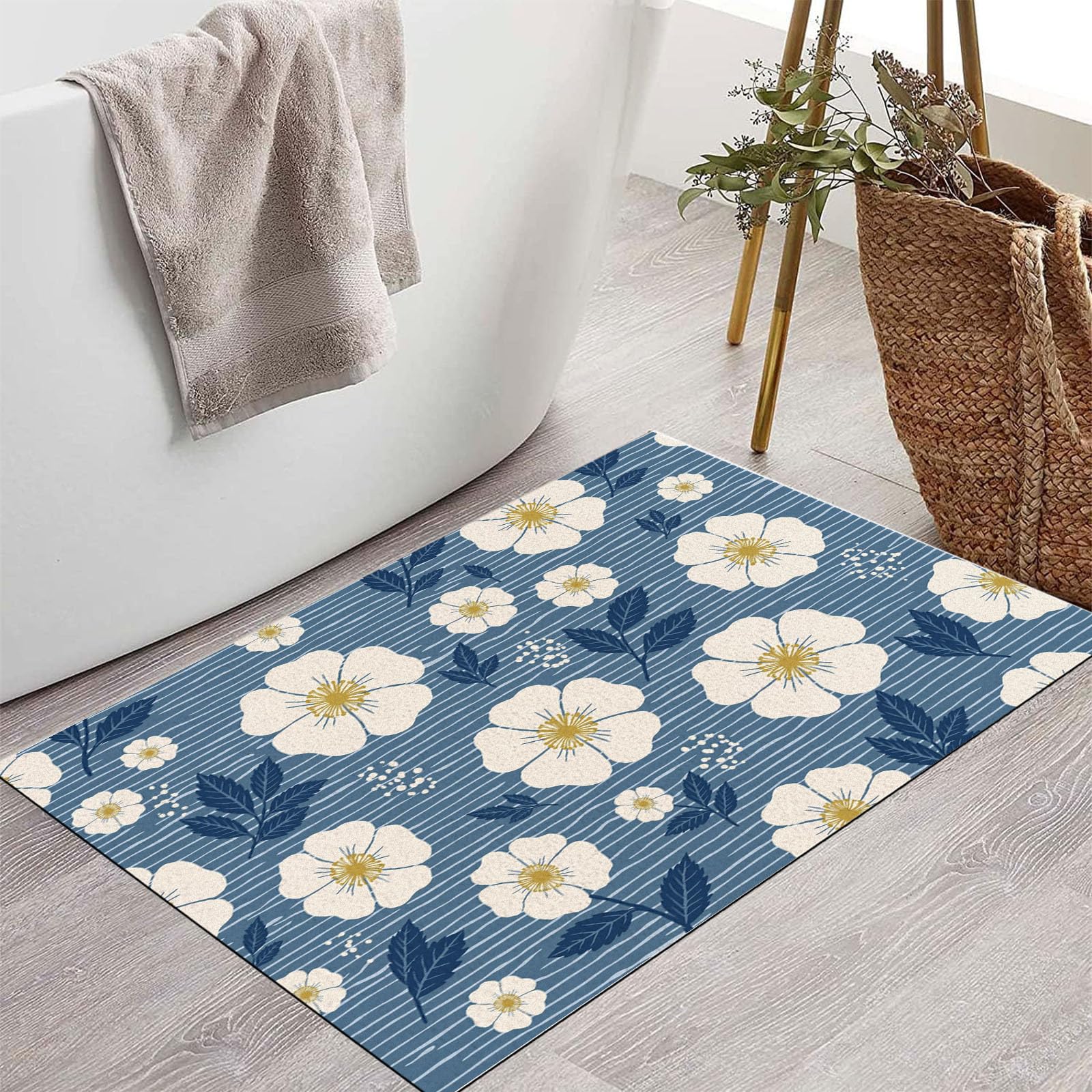 Felpudo con rayas florales para la entrada del pasillo y jardín en color azul 40x60cm