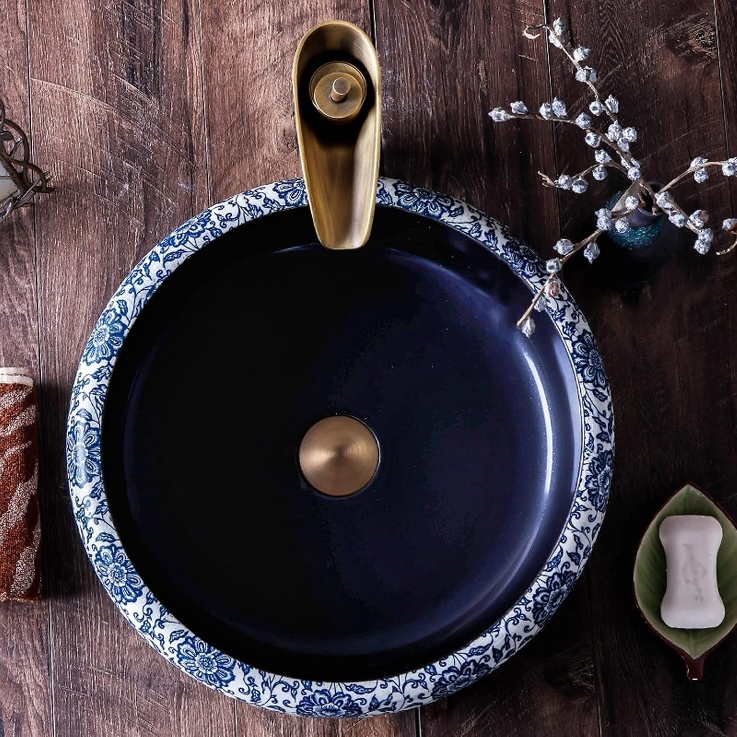 Lavabo de Porcelana Azul y Blanco Redondo para Baño 16,5'', Solo Pot