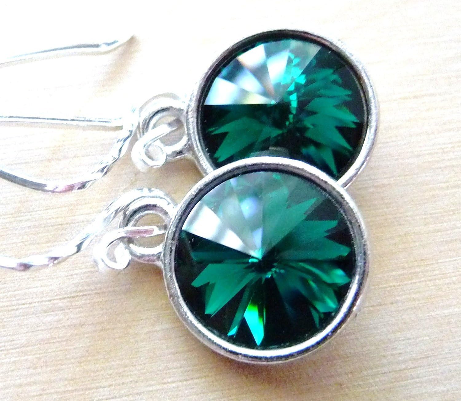 Emerald Green Rivoli Earrings, Swarovski Crystal Drop Briolette Rivolis, Sterling Silver Jewelry