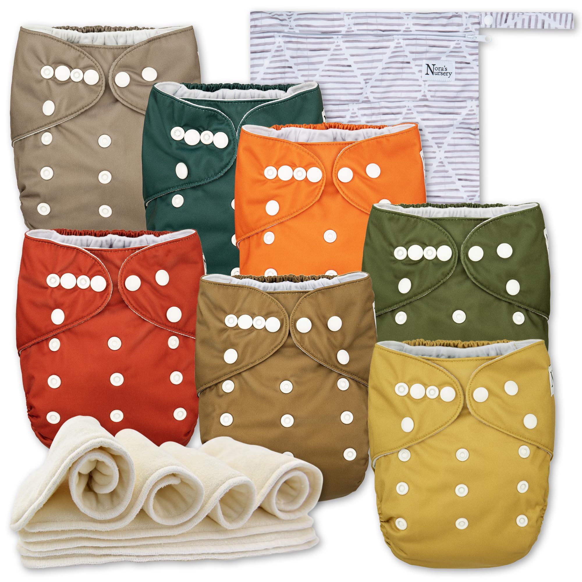 Nora's Nursery Cloth Diapers 7 Pack with 7 Inserts & 1 Wet Bag - Waterproof Cover, Washable, Reusable & One Size Adjustable Pocket Diapers for