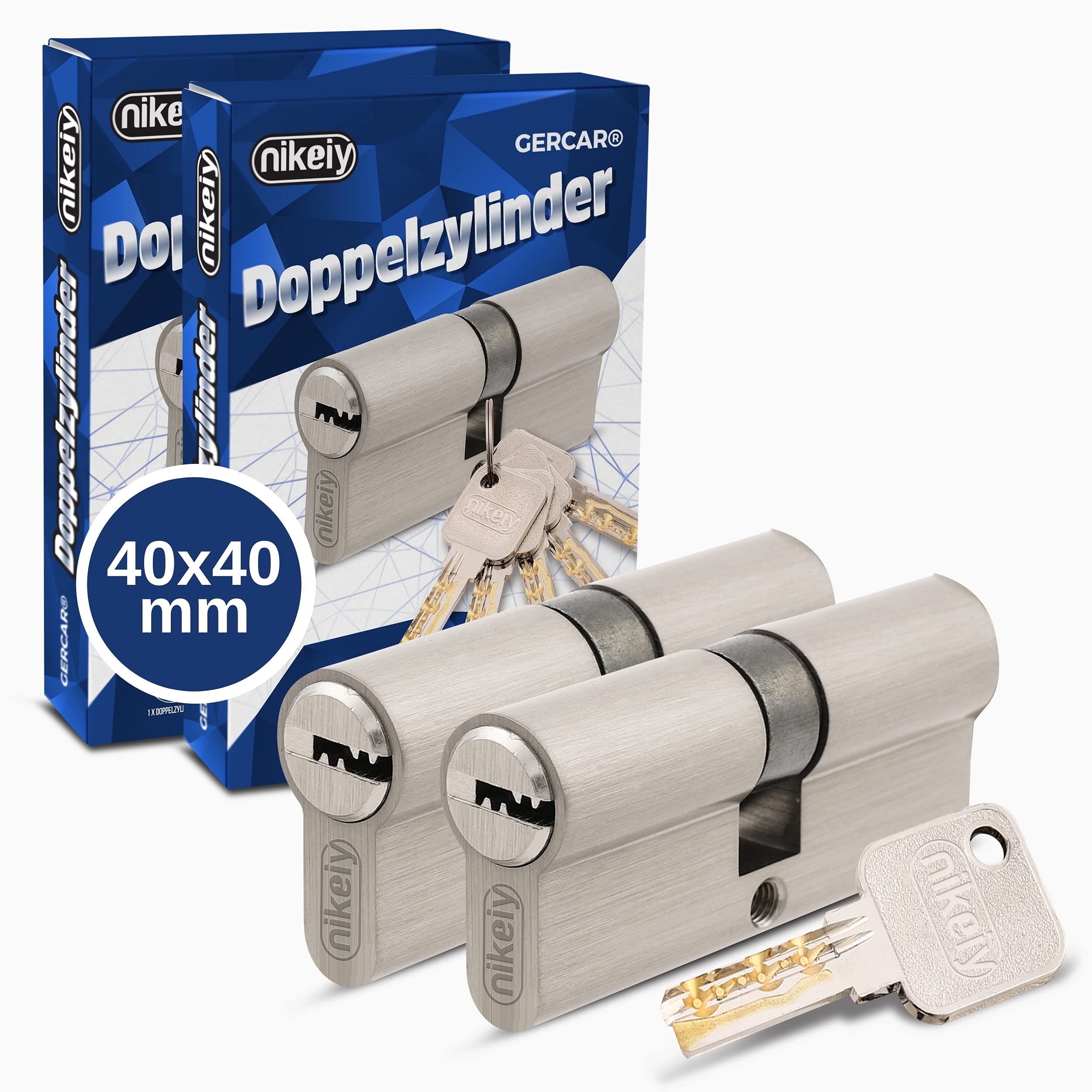 GERCAR Pro Juego de 2 cerraduras cilíndricas de latón niquelado mate 40/40-2x cilindro de cerradura/cerradura de barril 80 mm para puerta - con 10 llaves - Longitud: 80 mm, A: 40 B: 40