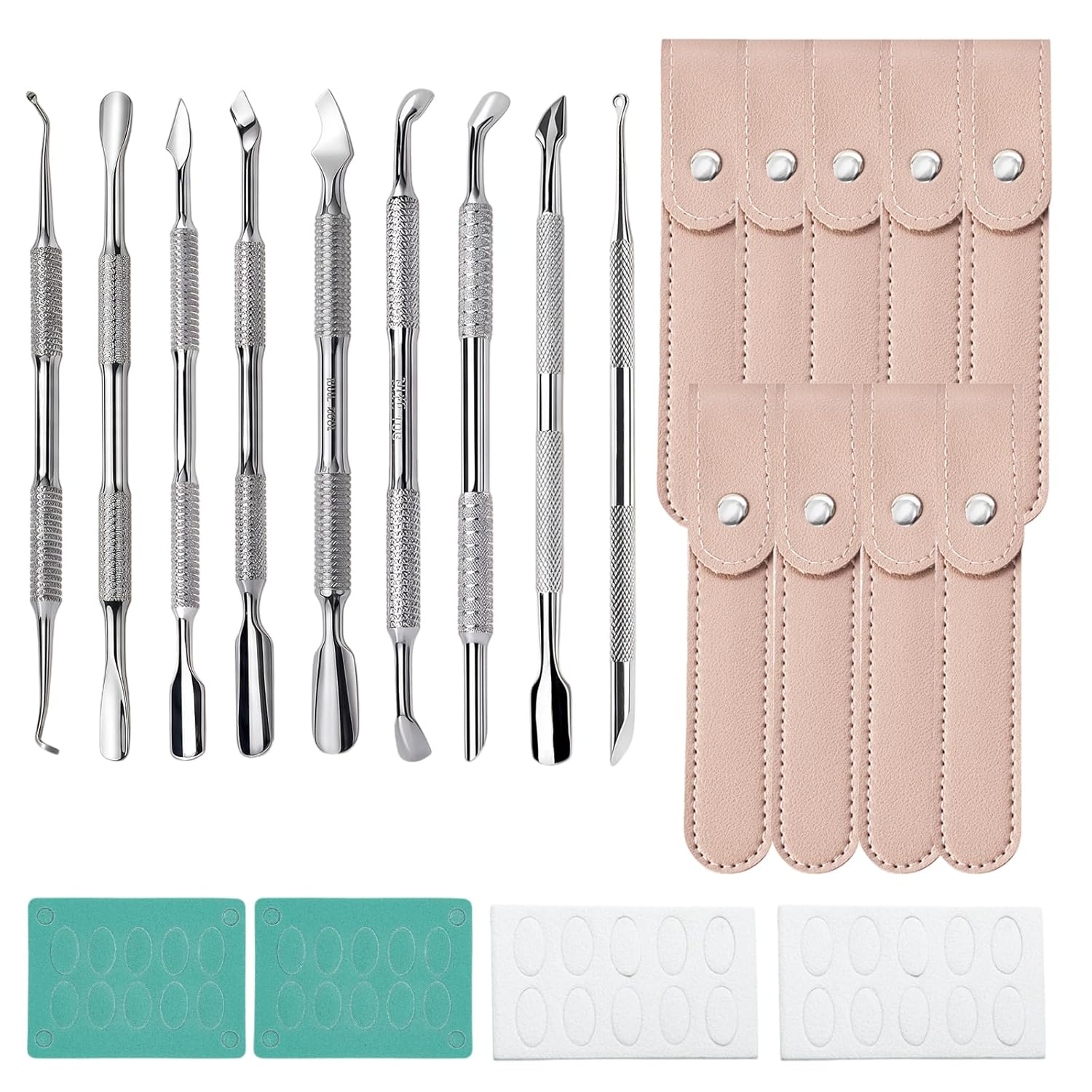 Dual Ended Loop Cuticle Pusher & Cuticle Remover Pre-Treatment Stainless Steel Manicure Nail Tool with 100#/240# Grit Professional Pedicure Care with Storage Bags (Set)