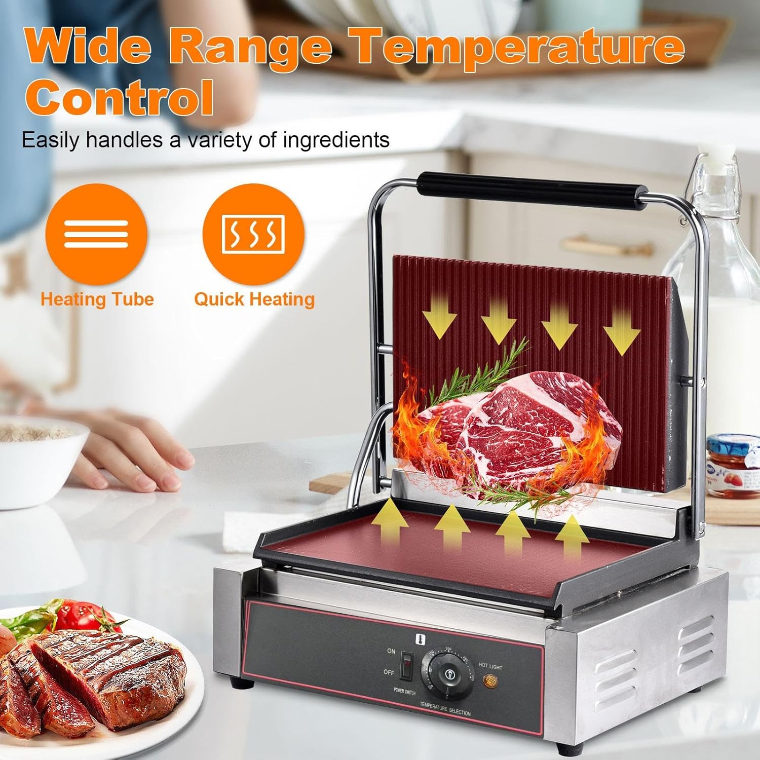 Commercial Electric Paninis Sandwich Grill Large Sandwich Press Paninis Maker Machine 14" x 9" Cooking Surfaces 1200W with Ribbed Top And Bottom Plate (Ribbed Top & Smooth Bottom)